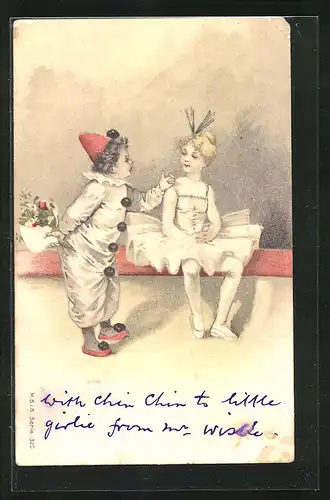 Präge-Künstler-AK Harlekin, Junge und Mädchen in Kostümen mit Blumenstrauss