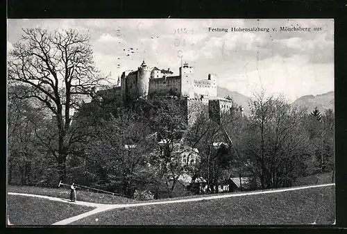 AK Salzburg, Festung Hohensalzburg vom Mönchsberg aus gesehen