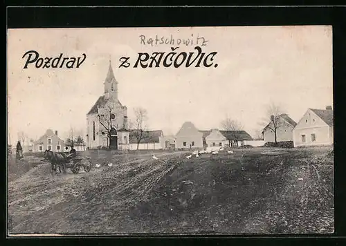 AK Ratschowitz, Pferdekarren auf dem Dorfplatz, Blick zur Kirche