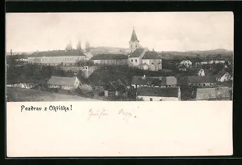 AK Okrisky, Blick auf die Kirche im Ort