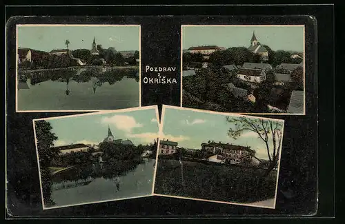 AK Okrisky, Partie am Teichufer, Blick zur Kirche und zur Schule