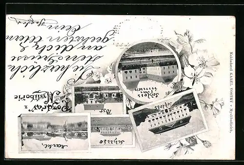 AK Mysliborice, Schule, Post, Markt, Schloss