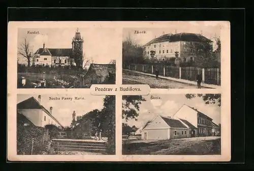 AK Budisov, Zamek, Kostel, Skola, Socha Panny Marie