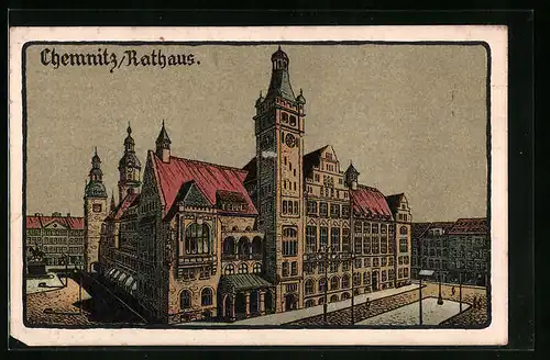 Steindruck-AK Chemnitz, Blick auf das Rathaus
