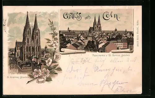Lithographie Köln, der Dom von St. Andreas gesehen, Panorama von St. Gereon aus gesehen
