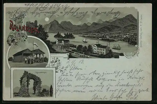 Lithographie Rolandseck, am Rolandsbogen, Wanderer an der Hütte, Blick ins Tal auf den gesamten Ort