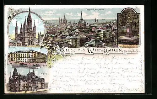 Lithographie Wiesbaden, Totalansicht der Stadt, die Evangel. Hauptkirche, das Schloss, das Rathaus