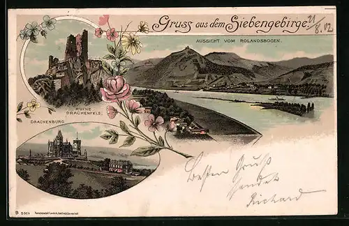 Lithographie Siebengebirge, Aussicht vom Rolandsbogen auf den Fluss, Ruine Drachenfels, die Drachenburg