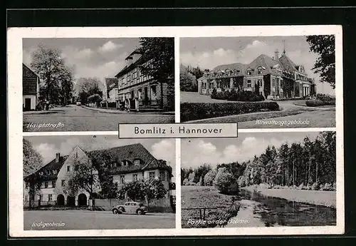 AK Bomlitz, auf der Hauptstrasse, Verwaltungsgebäude, Partie am Böhmeufer, Ledigenheim