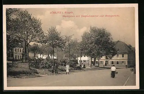 AK Zöblitz im Erzgeb., Marktplatz mit Siegesdenkmal und Amtsgericht