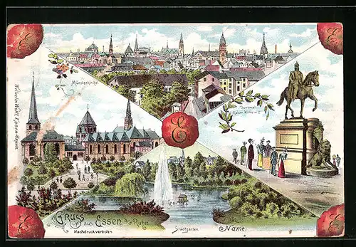 Lithographie Essen a.d. Ruhr, Generalansicht, die Münsterkirche, Denkmal Kaiser Wilhelm I., Fontäne im Stadtgarten