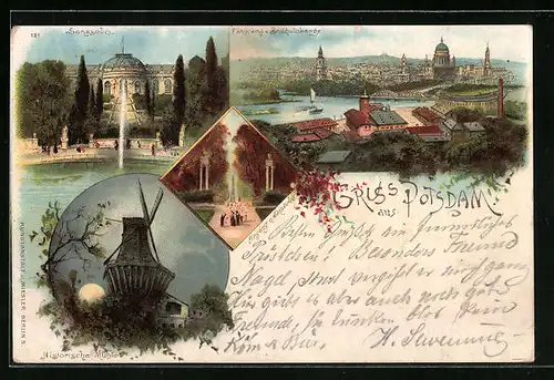 Lithographie Potsdam, Panorama der Stadt vom Bruchausberge, Schloss Sanssouci, Historische Mühle