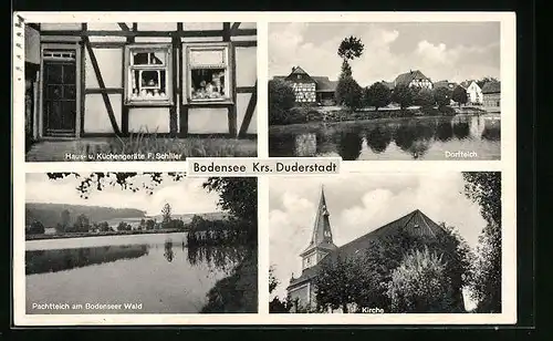 AK Duderstadt am Bodensee, Haus- und Küchengeräte Schiller, am Ufer des Pachtteichs, Dorfteich und Kirche