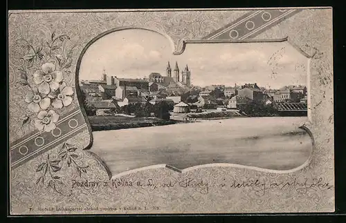 AK Kolin, Stadtansicht vom Fluss aus mit Brücke und Kirchen
