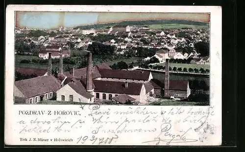AK Horovice, Blick über die Fabriken auf die Stadt