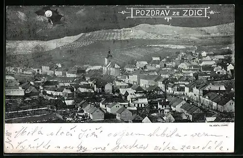 AK Zdice, Generlansicht mit Blick zur Kirche