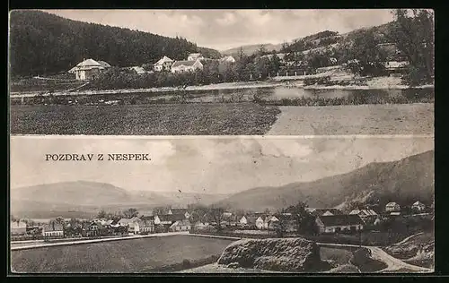 AK Nespeky, Partie auf dem Feld am Flussufer, Ortstotale