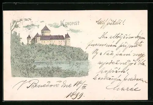 AK Konopiste, Blick auf das Schloss auf dem Berg