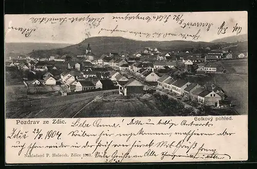 AK Zdice, Generalansicht der Ortschaft, Blick zur Kirche