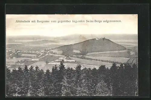 AK Alttitschein, Talansicht mit der Ortschaft und der Burgruine vom gegenüber liegenden Swine-Berge aufgenommen