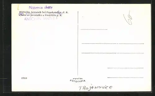 AK Trojanovice, Frankstadt u.d.R., an der Hütte am Jawornik