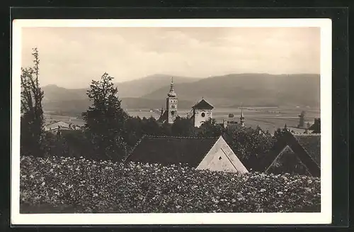 AK Freiberg in Böhmen, auf dem Feld mit Blick zur Kirche