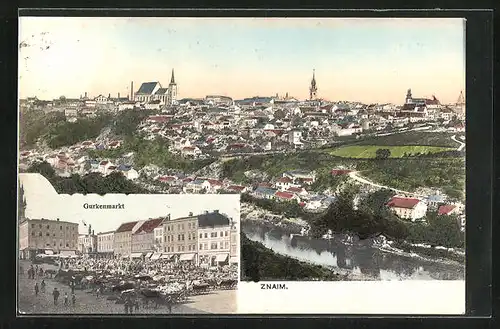 AK Znaim a. Thaya, Generalansicht der Stadt, Blick auf den Gurkenmarkt