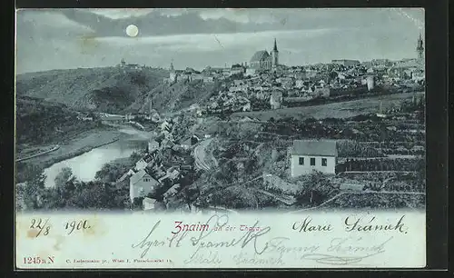 Mondschein-AK Znaim a. Thaya, Blick über die gesamte Stadt zur Kirche