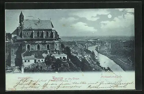 Mondschein-AK Znaim a. Thaya, Blick von der Christuskirche auf den Fluss und die Brücke