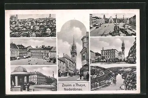 AK Znaim a. Thaya, Generalansicht, auf dem Marktplatz, am Pavillon, Monument, Blick auf den Flusslauf