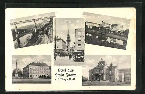 AK Znaim a. Thaya, an der Brücke, Blick zum Schloss, am Monument auf dem Hauptplatz