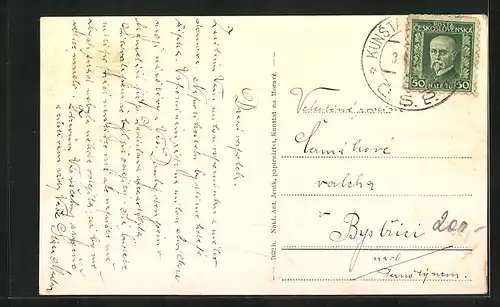 AK Kunstat na Morave, Ortstotale mit Blick zur Kirche