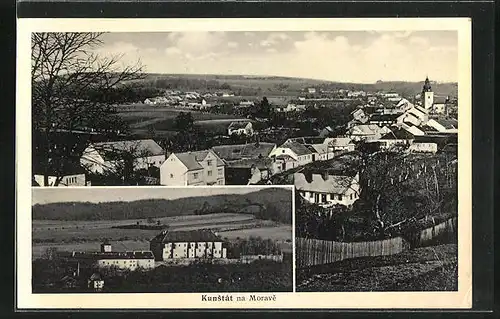 AK Kunstat na Morave, Ortstotale, Blick zur Kirche und zum Schloss