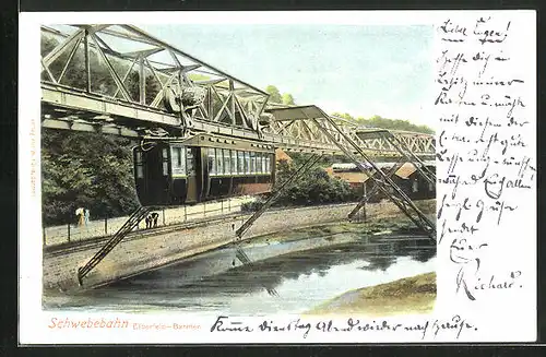 Lithographie Elberfeld-Barmen, Partie an der Schwebebahn, am Flussufer