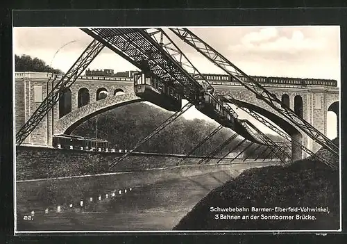 AK Wuppertal, Barmen-Elberfeld-Vohwinkel, die Sonnborner Brücke, Treffen der drei bahnen, Schwebebahn