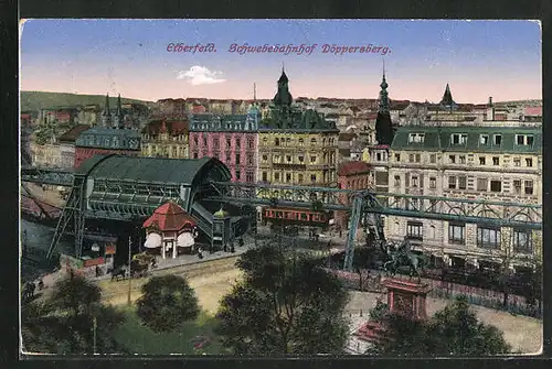 AK Wuppertal, Elberfeld, am Schwebebahnhof Döppersberg, Blick auf die Parkanlagen und die Stadtvillen