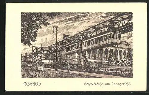 Künstler-AK Wuppertal, Elberfeld, Strassenbahn und Schwebebahn am Landgericht