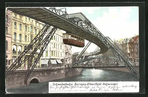 AK Wuppertal, Schwebebahn Barmen-Elberfeld-Vohwinkel, Häuserzeilen am Ufer der Wupper