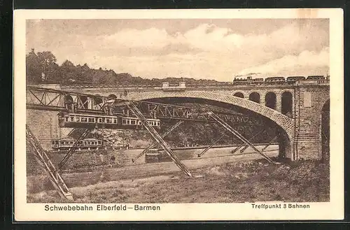 AK Wuppertal, Schwebebahn Barmen-Elberfeld, Treffpunkt der drei bahnen, am Wupperufer unter der Brücke