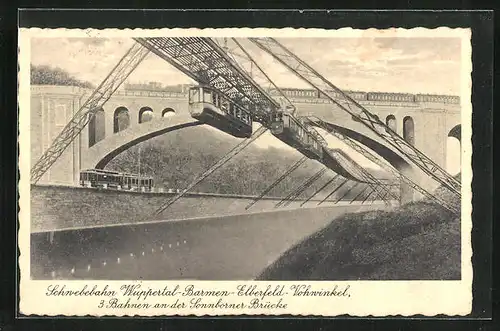 AK Wuppertal, Schwebebahn Barmen-Elberfeld-Vohwinkel, am Ufer der Wupper unter der Sonnborner Brücke, Strassenbahn