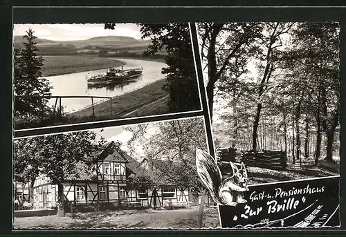 AK Holzminden a. Weser, Gasthaus und Pension Zur Brille, vor dem Gasthaus, Ausflugsdampfer auf dem Fluss