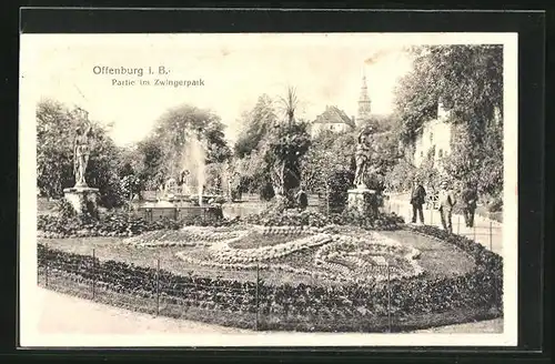 AK Offenburg i. B., Partie im Zwingenpark, Blick zum Kirchturm