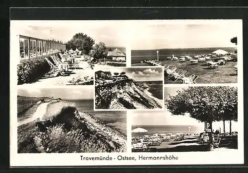 AK Travemünde a. Ostsee, Restaurant Hermannshöhe, Strandliegen, Der steinerne Strand