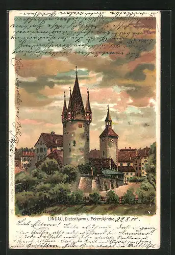 Künstler-AK Lindau / Bodensee, Diebsthurm und Peterskirche