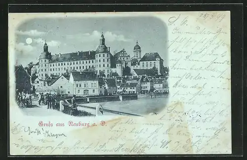 Mondschein-AK Neuburg a. D., Teilansicht mit Schloss