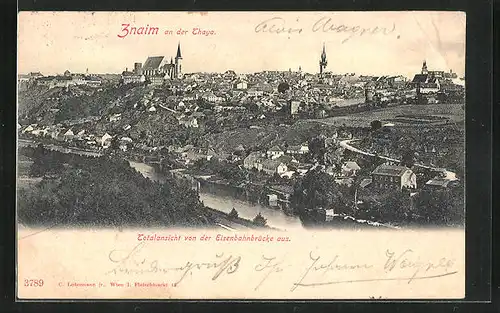 AK Znaim, Panoramablick von der Eisenbahnbrücke