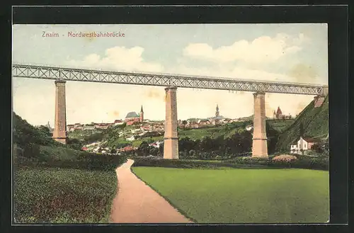 AK Znaim, Stadtblick mit Nordwestbahn-Brücke