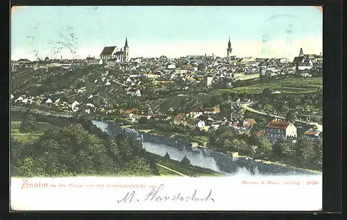 AK Znaim, Panoramablick von der Eisenbahnbrücke