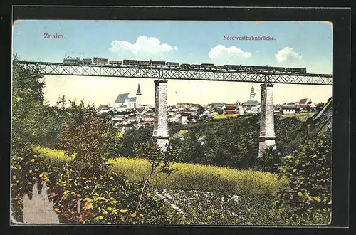 AK Znaim, Nordwestbahnbrücke und Stadt