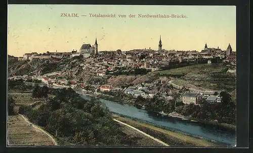 AK Znaim, Totale von der Nordwestbahnbrücke gesehen